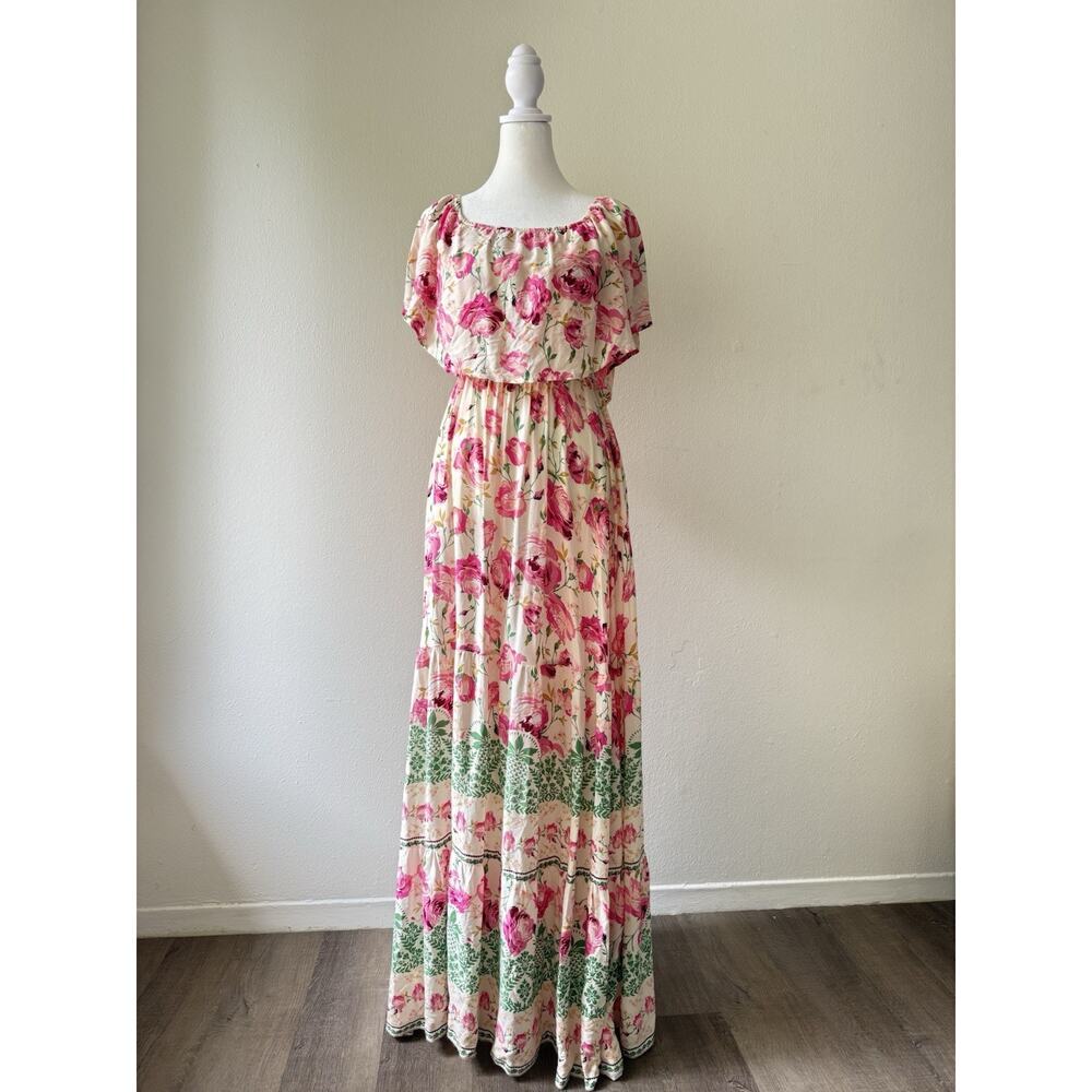 Aakaa Women's Formal Floral Smocked‎ Off Shoulder Pink Roses Maxi Dress Sz Small